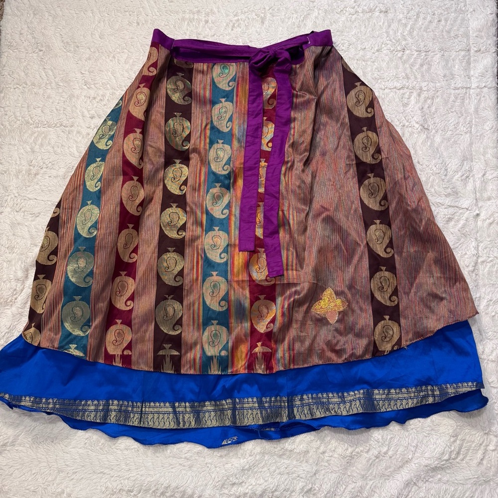 Modern Sari Inspired Wrap Maxi Skirt Blue Gold Brown Boho Adjustable One Size